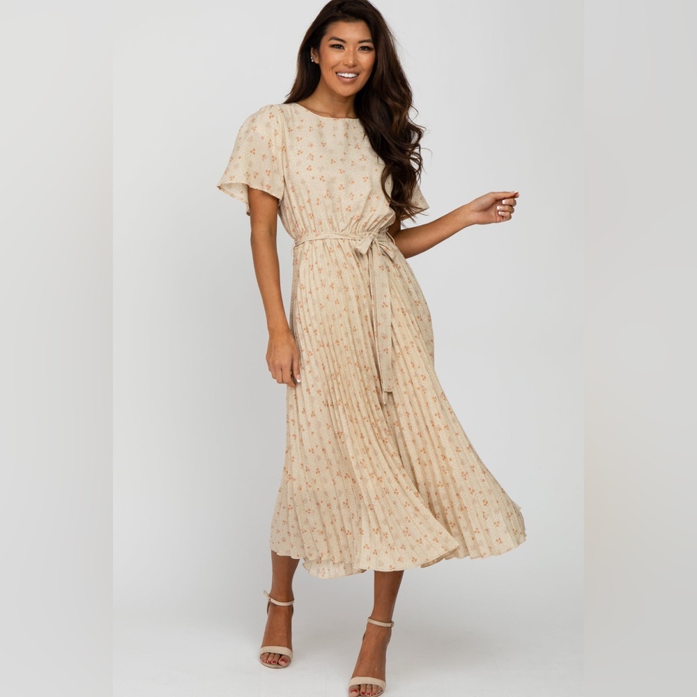 Women’s Cream Floral Tie-Waist Midi Dress